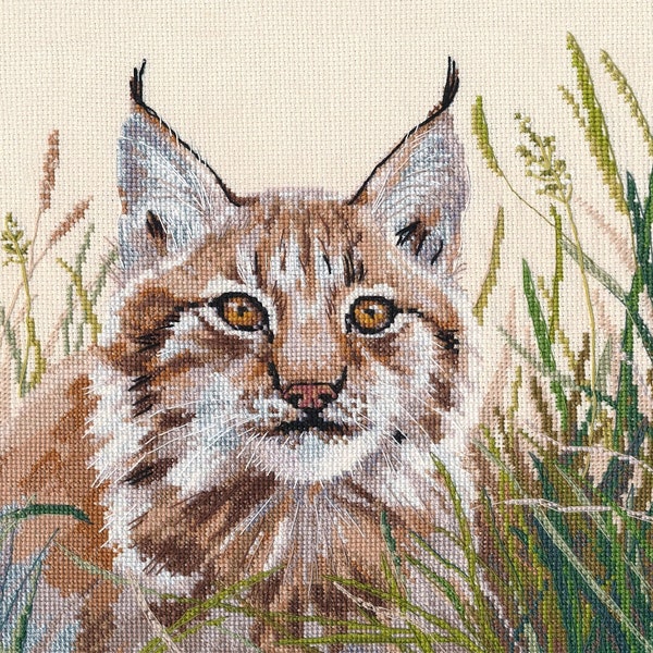 Forest Lynx cross-stitch kit on Aida 16 count canvas. Monochrome little Animal. Cross Stitch kit by Oven 1407