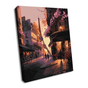 French Streets Paint by Numbers kit. Evening City 19.69 x 15.75 in. USA Shipping. Easy DIY Acrylic Painting By Numbers by Ideyka KHO2198