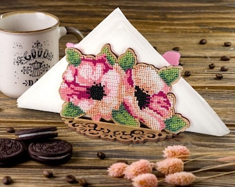 DIY Napkin Holder with Pink Flowers - Set for embroidery with beads on wood. Bead Embroidery Kit by Wonderland Crafts FLK-247