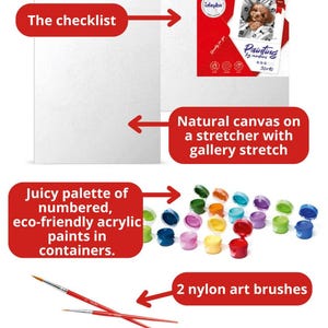 Puede incluir: Kit de pintura por n&uacute;meros con un lienzo blanco en un bastidor, un juego de pinturas acr&iacute;licas numeradas en peque&ntilde;os recipientes, dos pinceles de nylon e instrucciones. La imagen muestra la lista de verificaci&oacute;n del kit.