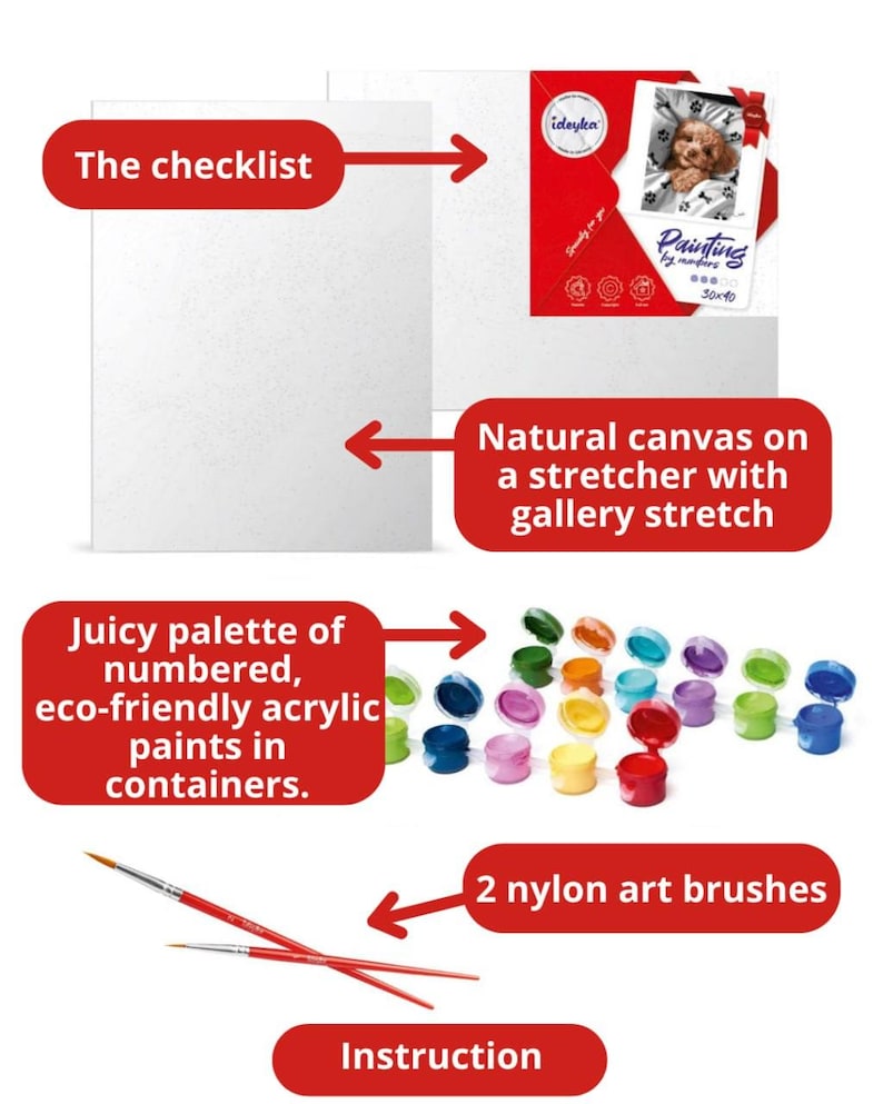 Puede incluir: Kit de pintura por n&uacute;meros con un lienzo blanco en un bastidor, un juego de pinturas acr&iacute;licas numeradas en peque&ntilde;os recipientes, dos pinceles de nylon e instrucciones. La imagen muestra la lista de verificaci&oacute;n del kit.