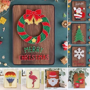 May include: A collection of wooden plaques with string art designs. The designs include a Christmas wreath, Santa Claus, a Christmas tree, a snowflake, a hot air balloon, a flamingo, a man with a hat and beard, and cherries with mittens. The words "MERRY CHRISTMAS" are also displayed.