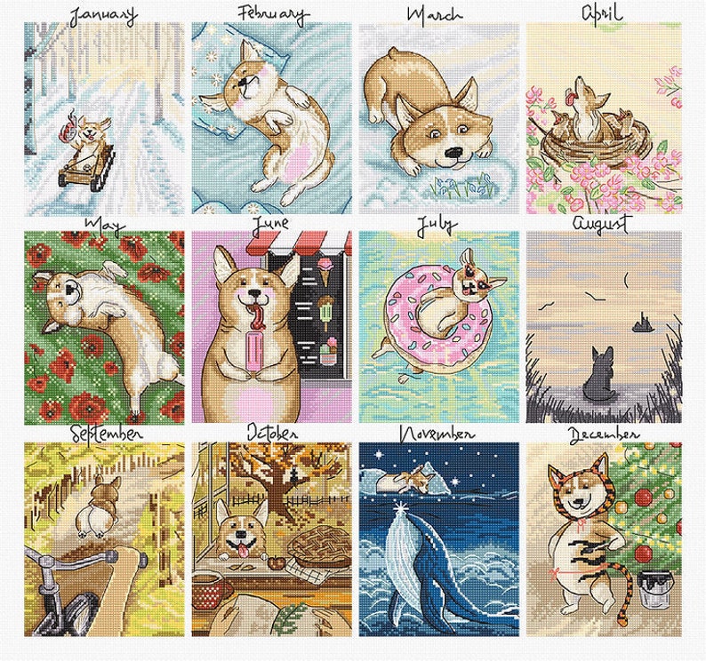 Doggy Calendar - Cross-stitch Kit on Aida 16 Count Canvas. DIY Calendar ...