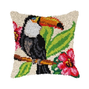 Latch Hook Cushion Kit. Tropical Toucan. Printed Tapestry canvas Jungle. Pillow with Animal. by Orchidea 4231