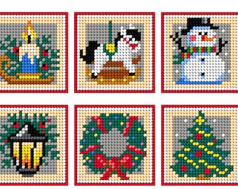 Christmas Tree Coaster Kit for Cups - Needlepoint halfstitch on the plastic canvas 6 patterns. Christmas Bell, Stocking Orchidea 161CS