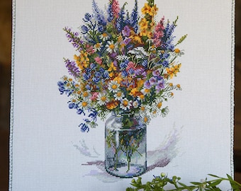 The Thistle Bouquet - Counted Cross-Stitch Kit on Aida 16 Count Canvas. Flowers Bouquet Cross Stitch Pattern by Merejka K-96