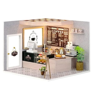 Wizardi Roombox Kit - Cafe. DIY Home Decor Dollhouse Kit with Furniture and LED Light. Gifts Craft Box F07M5-20-H-021