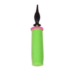 May include: A green balloon pump with a black nozzle and pink accents. The pump has a ribbed design.