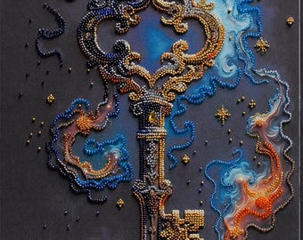 The Key to Happiness Beaded Embroidery Kit on Fabric. DIY Inspirational Beadwork Kit for Handmade Decor by Abris Art AB-933