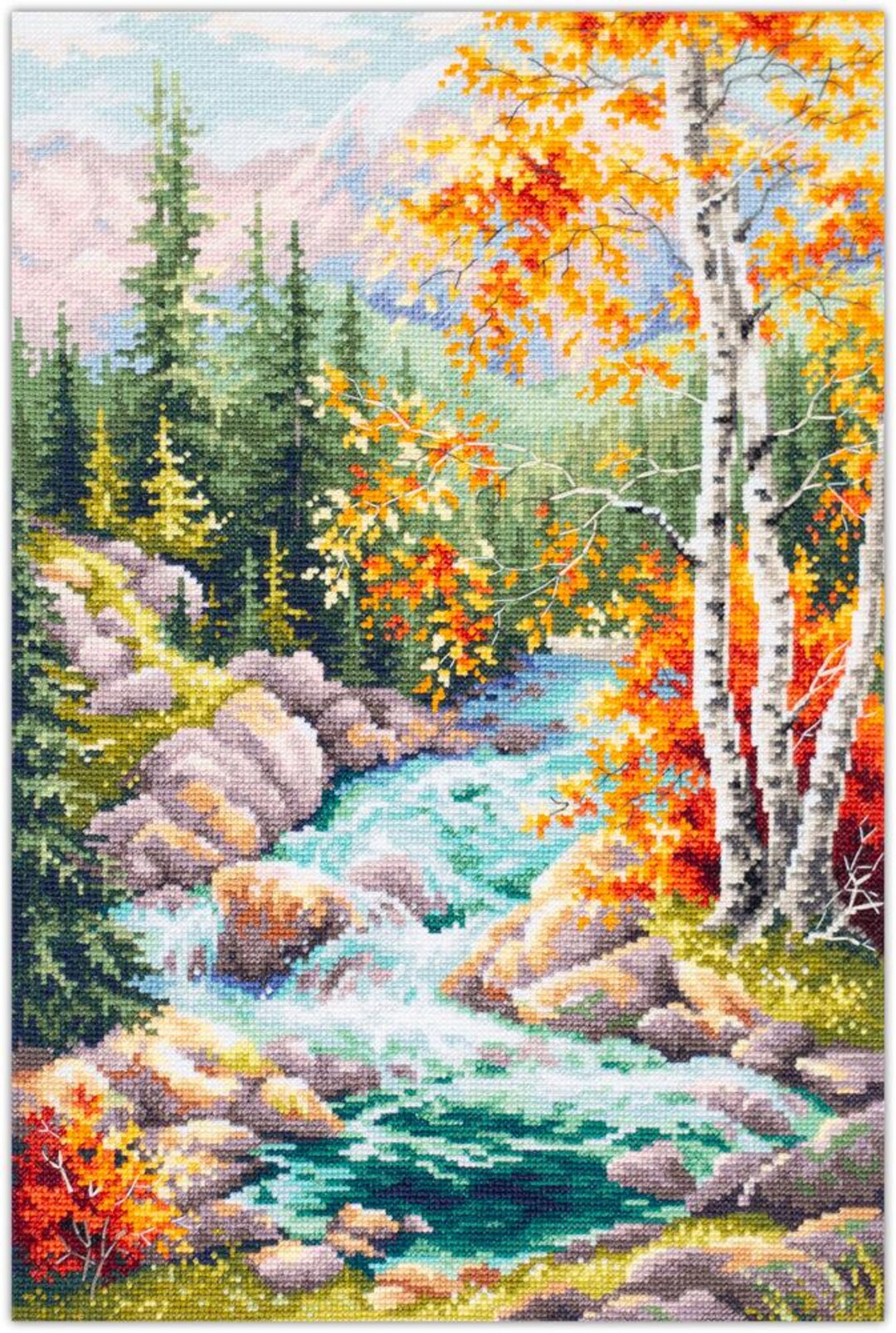Counted Cross-stitch Kit - Mountain Creek. Pattern on Aida 14