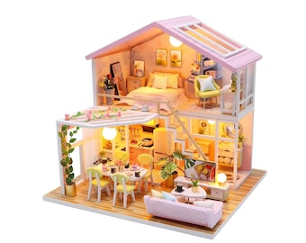 Miniature Roombox Kit. DIY Home Decor Dollhouse Kit with Furniture and LED Light. Doll House Craft Model F07M5-54-M2001 Wizardi