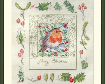 Christmas Robin. Counted cross-stitch kit on Aida 16 count canvas. Sampler Christmas Bird cross stitch kit Merejka K-224