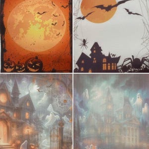 May include: A collection of Halloween-themed images. One image features a full moon, bats, and jack-o'-lanterns. Another shows a haunted house with bats, spiders, and a full moon. The other two images depict spooky scenes with ghosts and haunted houses.