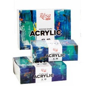 May include: Three boxes of acrylic paint tubes. The boxes are white with blue and green abstract designs. The boxes are labeled "Rosa Studio Acrylic" and show the number of tubes and the size of the tubes. The boxes are stacked on top of each other.