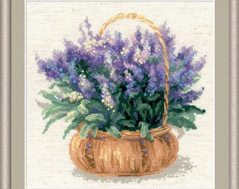 Lavanda Francesa - Kit de punto de cruz contado. Patrón de punto de cruz de lavanda. Cruz de flores violetas. Kit de bordado de Riolis R1404