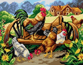 Chickens in the Village. Needlepoint Canvas for Half Stitch without Yarn. Printed Tapestry Canvas Summer Field with Roosters. Orchidea 3033J