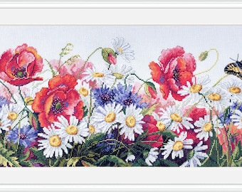 Field Beauties  - Counted Cross-Stitch Kit. Summer Flowers Cross Stitch Pattern on Aida 16 Count Canvas. Cross Stitch by Merejka K-163