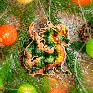 Christmas Dragon Bead Embroidery Kit on Wood kit - Lizard with Christmas Tree beading embroidery kit. Wonderland Crafts FLK-503
