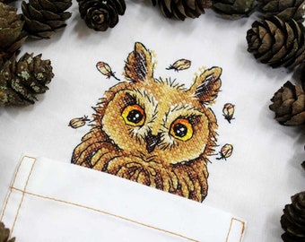 Curious Owl Cross Stitch on Clothes. Water Soluble Canvas Cross Stitch Pattern. Magic Canvas Cross Stitch by MP Studia. SV-245