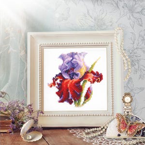 Iris - Counted Cross-Stitch Kit. Floral Pattern on Aida 14 Count Canvas. Purple Flower Embroidery Kit by Magic Needle 150-011