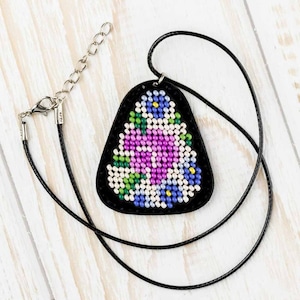 DIY Embroidered Pendant - Bead embroidery kit on artificial leather. Beading kit. Bead embroidery by Wonderland Crafts FLBB-086