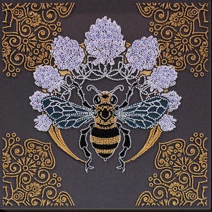 May include: A beaded artwork depicting a bee with black and gold wings, surrounded by purple flowers and gold filigree.