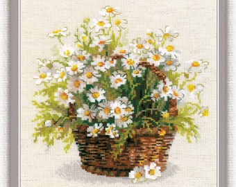 Russian Daisies - Counted Cross-Stitch Kit. Daisies Cross Stitch. White Flowers Pattern. Embroidery kit by Riolis R1478