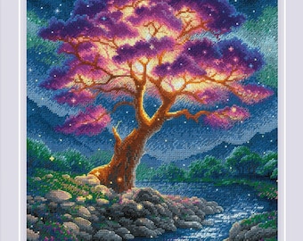May include: A purple tree with glowing lights stands by a river under a starry night sky. The river reflects the light from the tree and the stars.