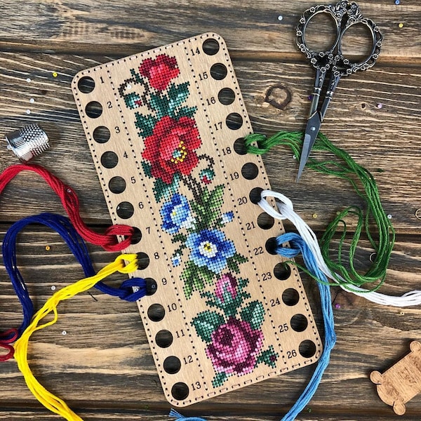 Flowers Plywood Thread / Floss Organizer. Roses Cross Stitch kit on Plywood Wonderland Crafts. FLHW-019