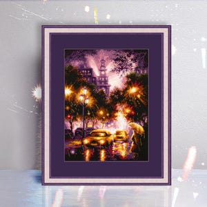 Rainy Night - Counted Cross-Stitch Kit. Night City Pattern on Aida 14 Count Canvas. City Embroidery Kit by Magic Needle 550-762