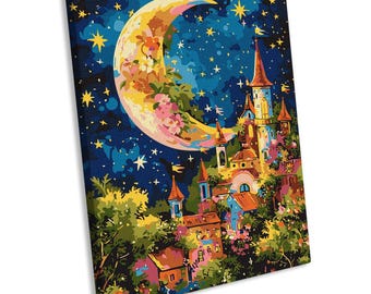 May include: A colorful painting depicts a crescent moon adorned with flowers, set against a starry night sky. Below, a whimsical castle with multiple towers and colorful buildings is nestled among lush greenery. The artwork evokes a fairytale theme.