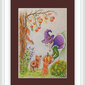 Halloween Witch with Pumpkin and Animals Cross-stitch kit on Aida 27 count canvas. Squirrels and Foxes Neocraft SP-05