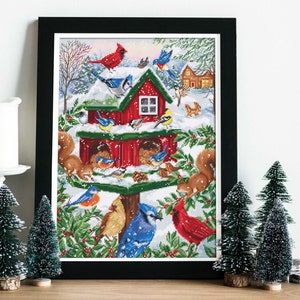 Blissful Bird Feeder. Winter Houses. Cardinal counted cross-stitch kit on Aida 16 count canvas. Bird cross stitch kit Luca-s B2417L