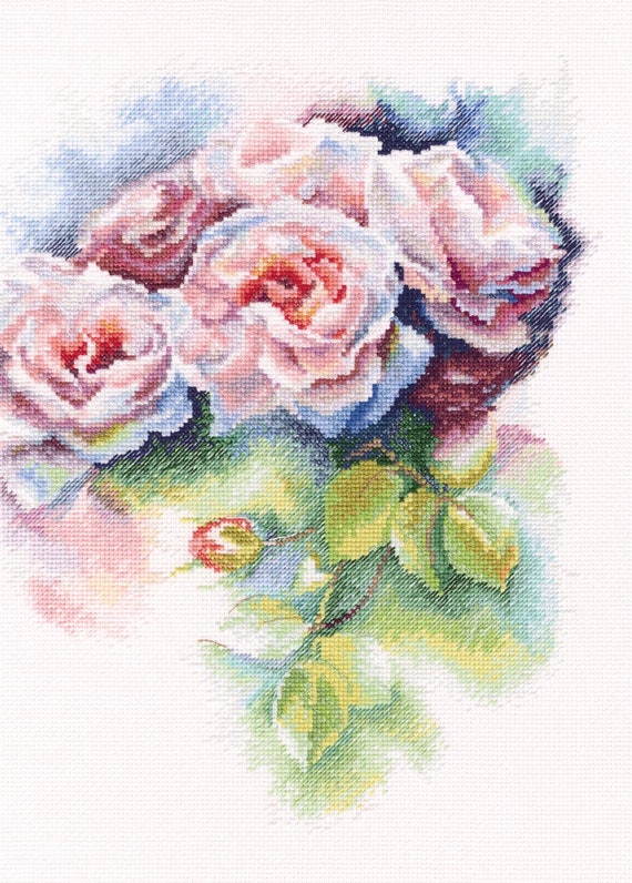 Pink♡Rose Pink Roses Cross-stitch Kit on Aida 14 Count Canvas. Floral