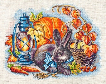 Autumn with a Rabbit - Cross-Stitch kit on Aida 16 Count Canvas. Rabbit with a Autumn Harvest. Cross Stitch kit by LetiStitch L8998