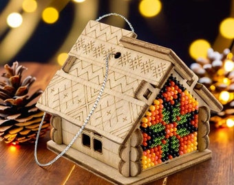 Bead Embroidery on Wood kit - Wooden House Beading Embroidery kit. Christmas House by Wonderland Crafts FLK-557