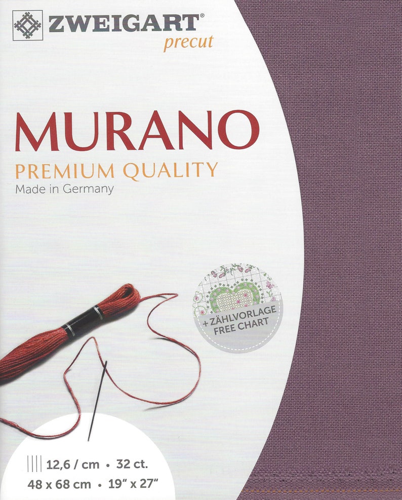May include: Purple Zweigart Aida fabric with the text "Murano Premium Quality Made in Germany" and a red embroidery floss with a needle. The fabric is precut and measures 19 inches by 27 inches, or 48 cm by 68 cm. The count is 32 count, or 12.6 stitches per inch. The image also includes a small circle with the text "+ Z&Auml;HLVORLAGE FREE CHART".