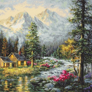 Beautiful River House with Mountains cross-stitch kit on Aida 18 count canvas. Forest Trees Cross Stitch kit by Luca-s B610L