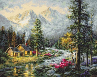 Beautiful River House with Mountains cross-stitch kit on Aida 18 count canvas. Forest Trees Cross Stitch kit by Luca-s B610L
