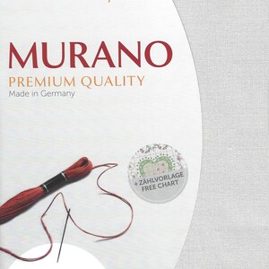 May include: White Aida cloth with a red embroidery floss and needle. The packaging includes the text "ZWEIGART&reg; precut MURANO PREMIUM QUALITY Made in Germany" and "12.6/cm. 32 ct. 48 x 68 cm 19" x 27"" and "+ Z&Auml;HLVORLAGE FREE CHART".