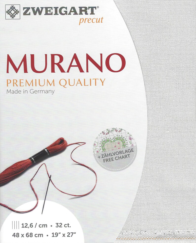 May include: White Aida cloth with a red embroidery floss and needle. The packaging includes the text "ZWEIGART&reg; precut MURANO PREMIUM QUALITY Made in Germany" and "12.6/cm. 32 ct. 48 x 68 cm 19" x 27"" and "+ Z&Auml;HLVORLAGE FREE CHART".