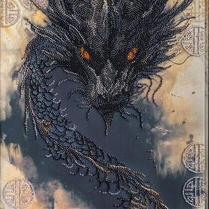 May include: A detailed artwork of a dragon, rendered with small, dark beads. The dragon's head and body are the focal point, with fiery orange eyes. The background has a textured, abstract design with circular patterns.