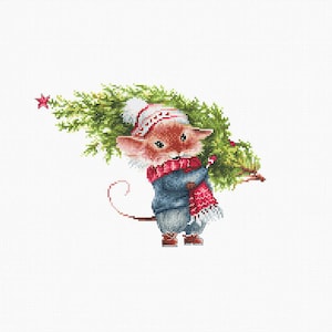 Mouse with Christmas Tree  - Luca-s counted cross-stitch kit on Zweigart Aida 18 count canvas. B1169L