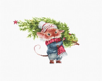 May include: A cute cartoon mouse wearing a blue sweater, red scarf, and white hat carries a small green Christmas tree with a red star on top.