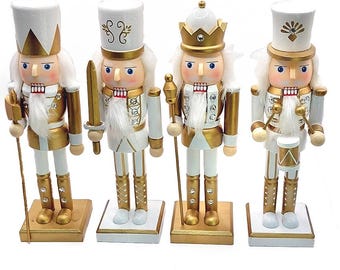 Elegant Gold & White Wooden Nutcrackers 9.84 in – Traditional Wooden Figures Holiday Decorations by Wizardi F07M6-14