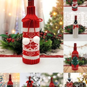 Knitted Wine Bottle Cover with Christmas Tree Design. Festive Holiday Sweater for Gifts. Unique Christmas Decor by Wizardi