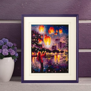 Sky Lanterns - Counted Cross-Stitch Kit. Night City Pattern on Aida 14 Count Canvas. Lanterns Embroidery Kit by Magic Needle 550-761