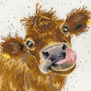 Moo. Cow counted cross-stitch kit on Aida 14 count canvas. Village Animal cross stitch kit Bothy Threads XHD48