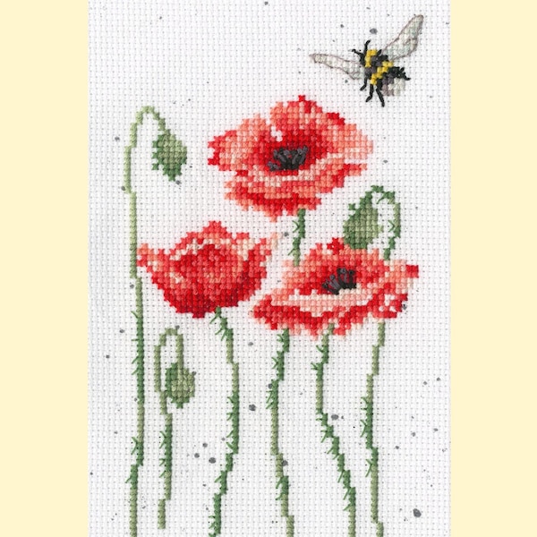 Poppies with a Bee. Cross Stitch Postcard for Gifts. Embroidery. Spring Card. Cross Stitch by Bothy Threads XGC39