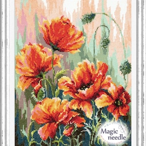 Poppies in the Morning Light - Counted Cross-Stitch Kit. Floral Pattern on Aida 14 Count Canvas. Flower Embroidery Kit by Magic Needle 40-72